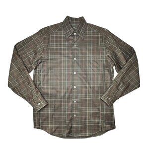Ermenegildo Zegna Dress Shirt Sz.M Brown Plaid Check Button Up Cotton Italian